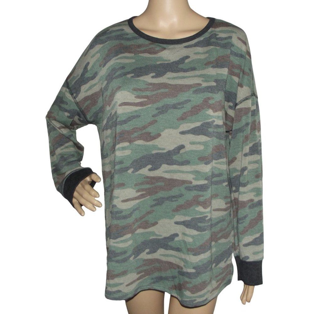 "Raw Edge" Camo Knit SweatShirt Sz Large green gray brown soft long sleeve shirt